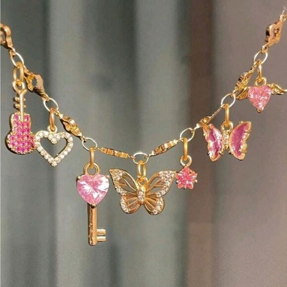 Guitar Heart Butterfly Gold Charm Bracelet - Picture 1 of 5